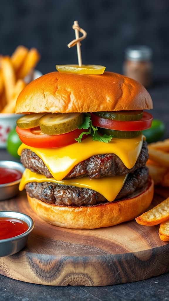 A juicy cheeseburger with melted cheese, lettuce, tomato, and pickles, served with fries on a wooden board.